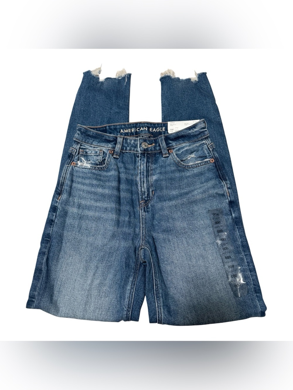 American Eagle Mom Jeans 000 NWT – Medium Wash Frayed Hem Deep Blue Strigid